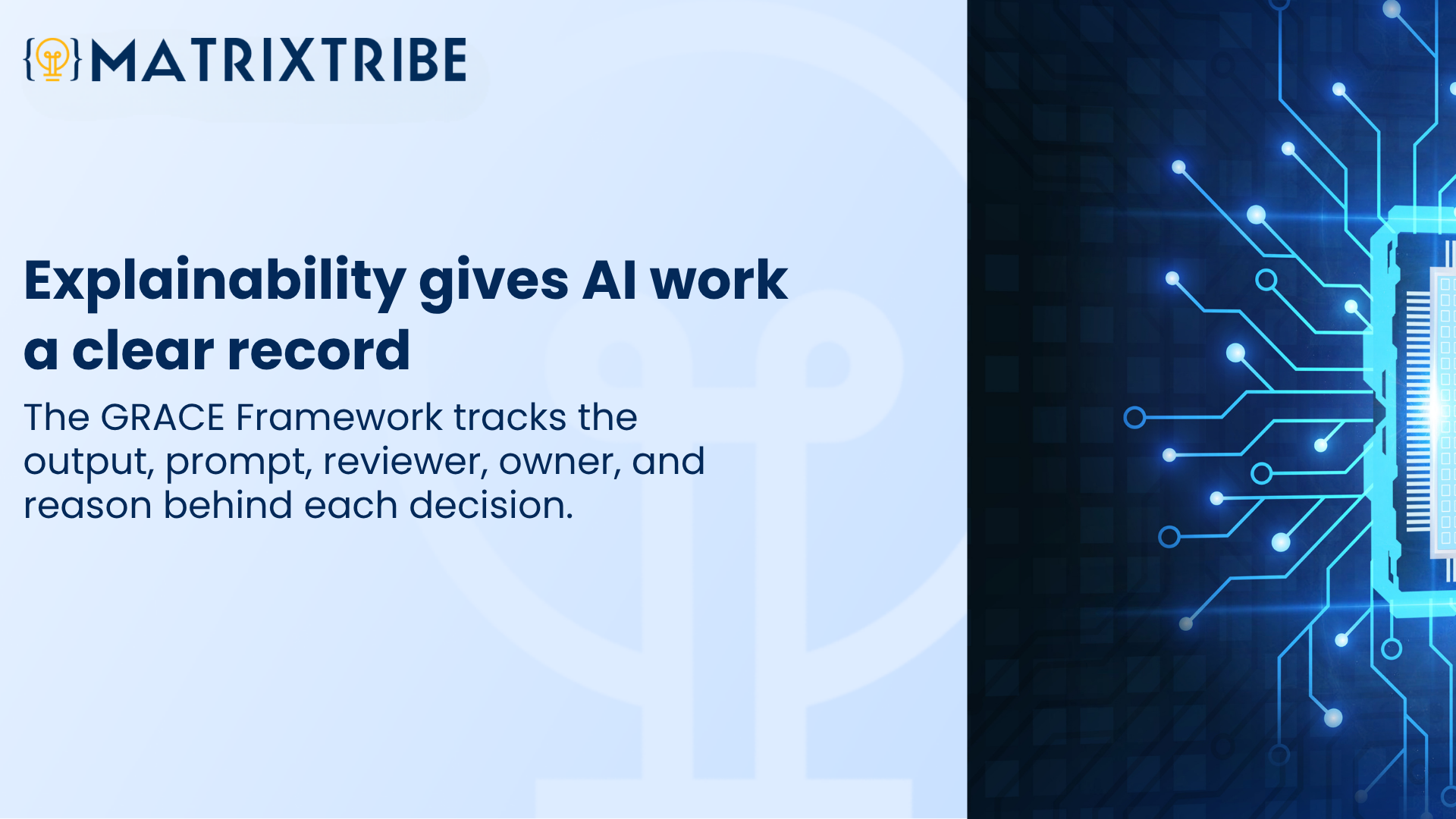 The GRACE Framework tracks the output, prompt, reviewer, owner, and reason behind each decision.