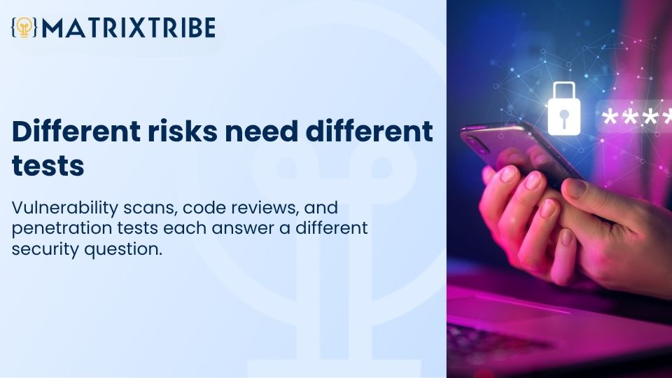 Vulnerability scans, code reviews, and penetration tests each answer a different security question.