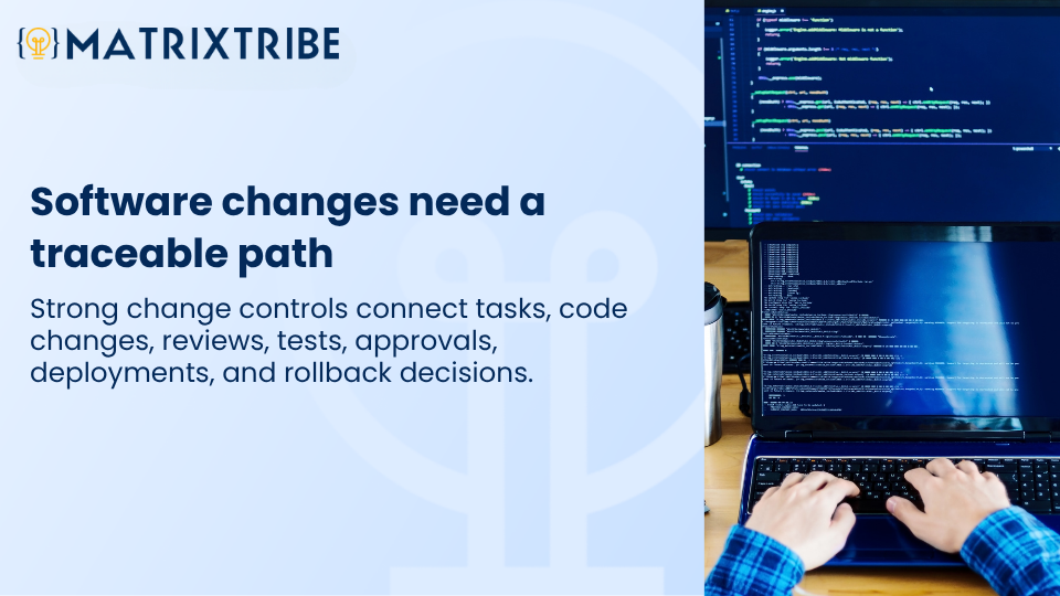 Strong change controls connect tasks, code changes, reviews, tests, approvals, deployments, and rollback decisions.